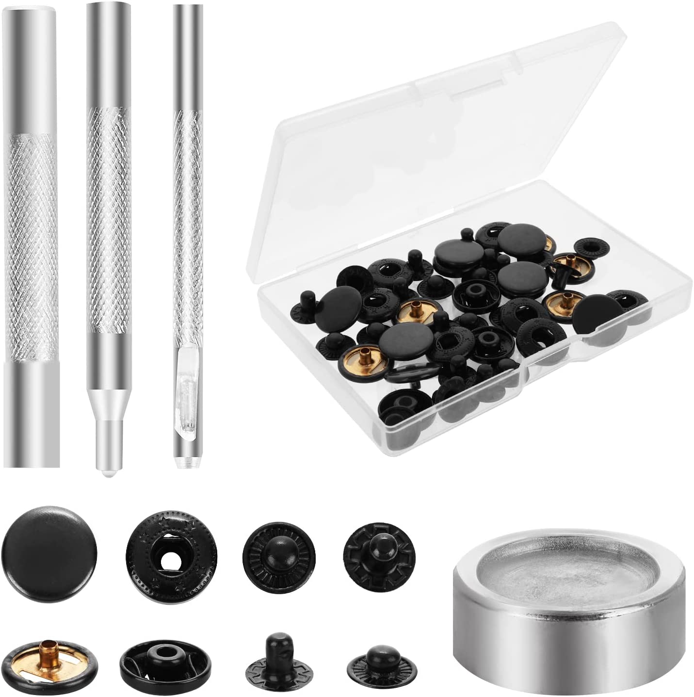 230816044022143_1 12 Sets Metal Snap Buttons Kit,15mm Heavy Duty Leather Sewing Kit Press Studs with 4 Install Tools, Leather Rivets and Snaps for Clothing, Leather, Jeans, Jackets, Bracelets, Bags DIY Crafts - Image 1